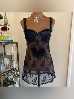 Y2K Goth Bimbo Sheer Floral Lace Bustier Slip w Ruffle Sleeves & Puff Ball Bow